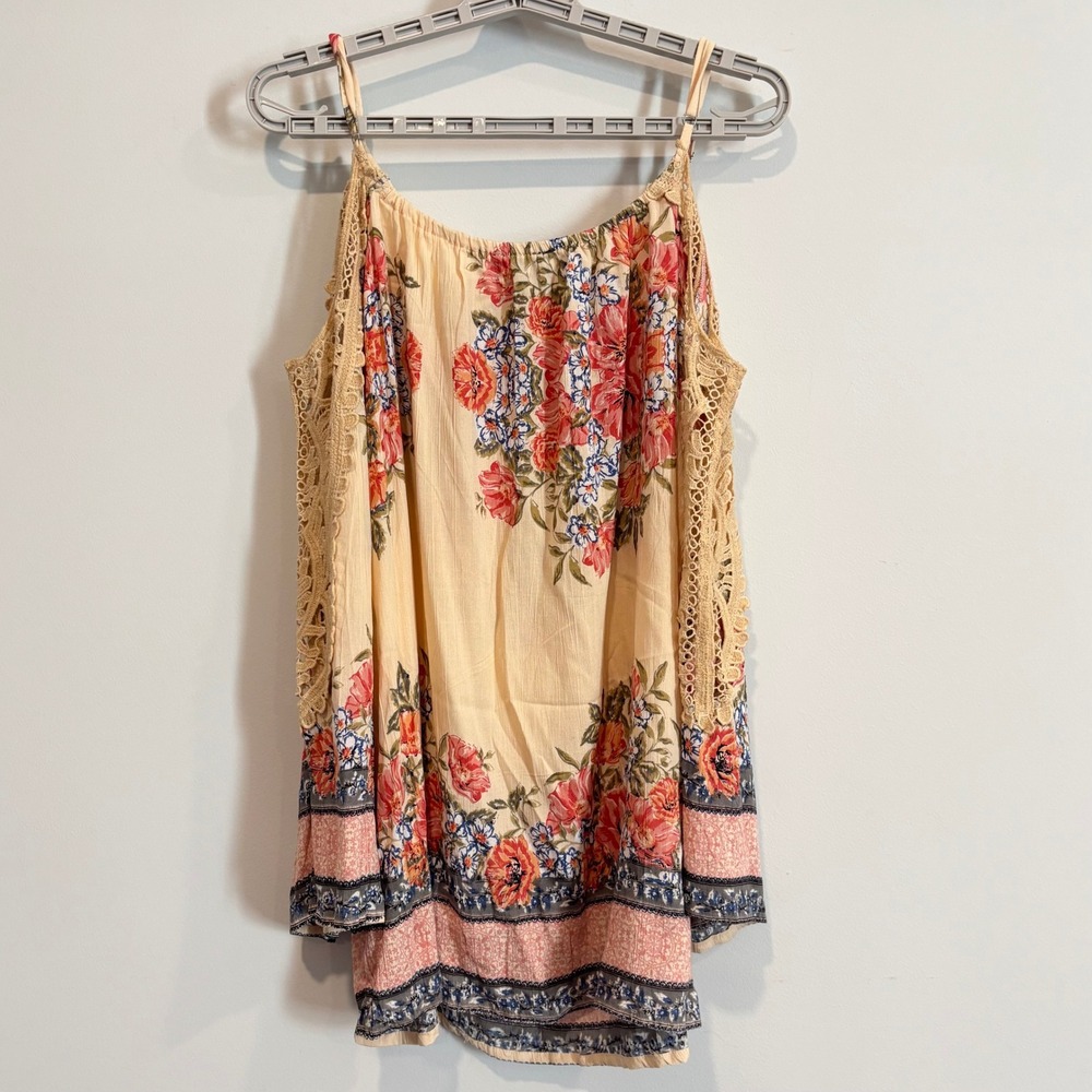 Angie Women Top 1X Cold Shoulder Floral Crochet Trim Peasant Festival Boho 21562